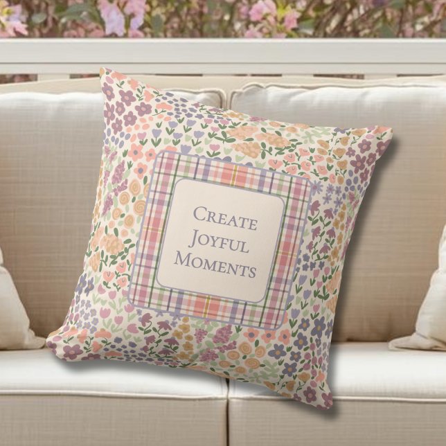 Inspirational Patchwork Floral & Plaid Pillow Kissen (Personalized Floral Plaid Throw Pillow – Create Joyful Moments Quote –  Inspirational Home Decor)