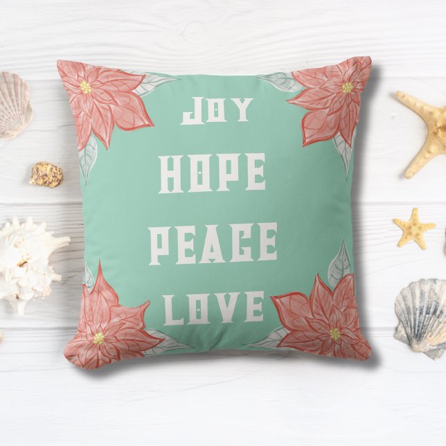 Inspirational Poinsettia Joy Hope Peace Love Kissen (Love the pastel colors in this Inspirational Original Poinsettia Art Pillow. Cheerful and Boho Chic!)