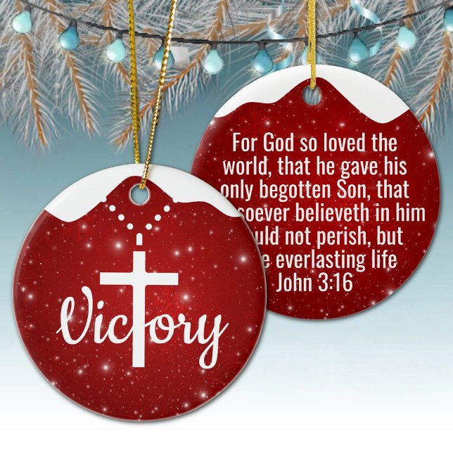 Inspirational Victory Cross Christian Decor  ⛪️ 🎄 Keramik Ornament (Customizable inspirational victory cross christian decor. Custom berry red Christmas ornament. 🎄✝)