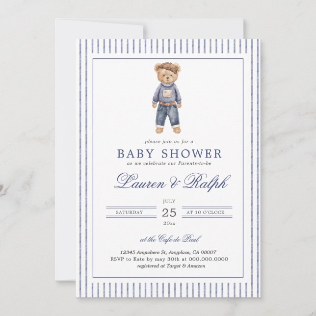 Inspired Blue Teddy Bear Baby Shower Einladung (Vorderseite)