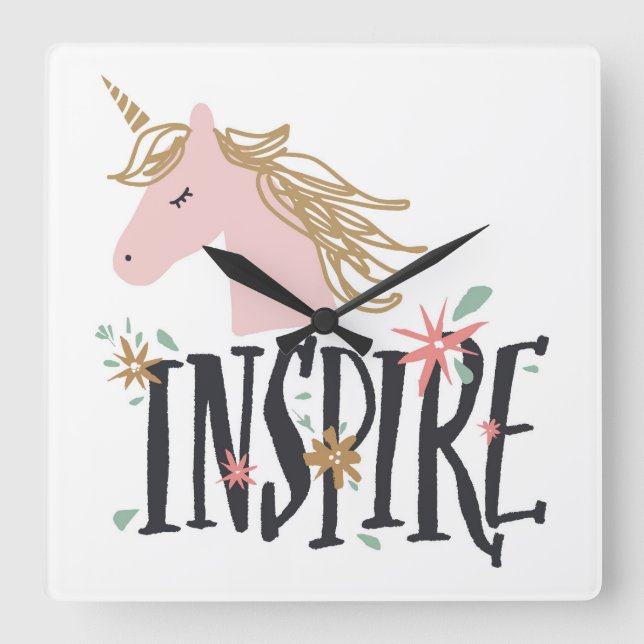 Inspirier | Gold Mane Unicorn Quadratische Wanduhr (Vorderseite)