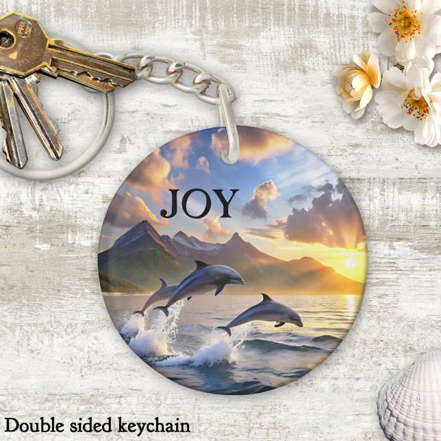 Inspirierende Delfine Sonnenuntergang Berge Schlüsselanhänger (Keychain featuring playful dolphins jumping from the ocean at sunset)
