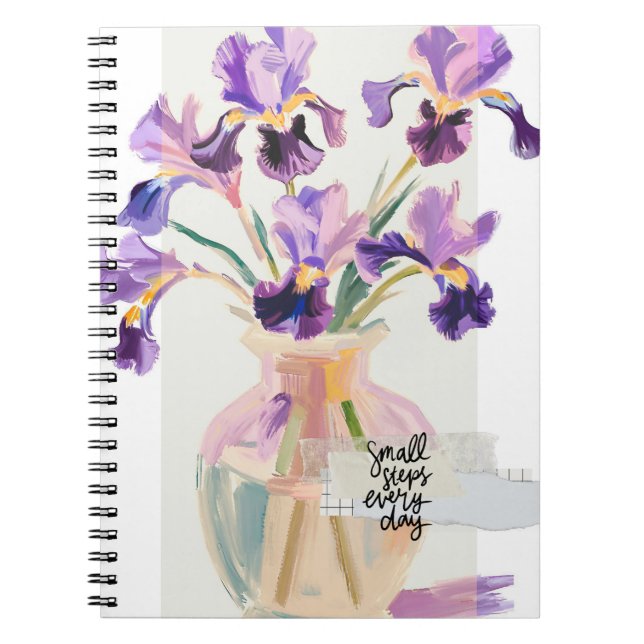Inspirierende moderne violette Iris-Blumen in eine Notizblock (Vorderseite)