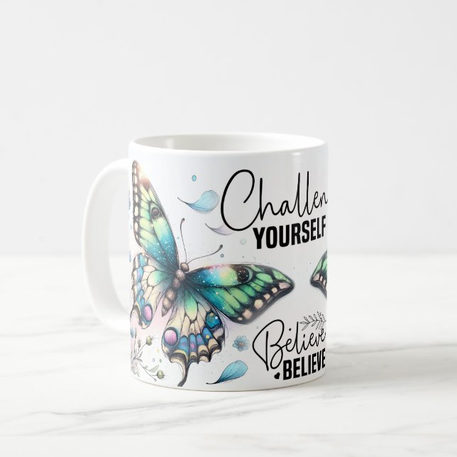 Inspirierender Schmetterlingszitat Kaffeetasse (Vorderseite Links)