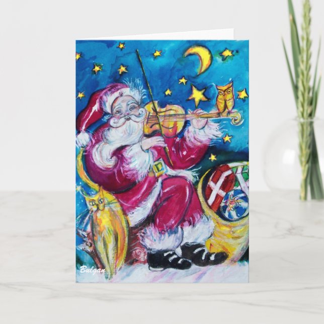 INSPIRIERT SANTA SPIELVIOLIN, Owl, Weihnachtsnacht Feiertagskarte (Vorderseite)