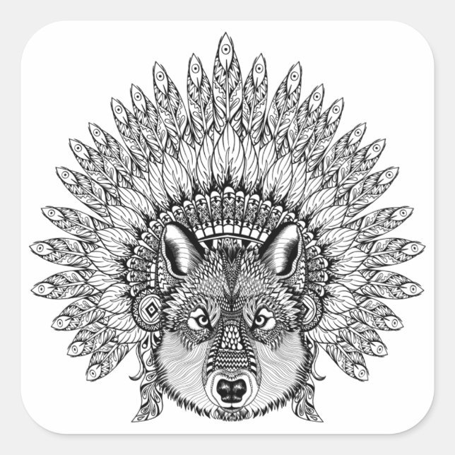 Inspiriert Wolf im Featherkriegsbonnet Quadratischer Aufkleber (Vorderseite)