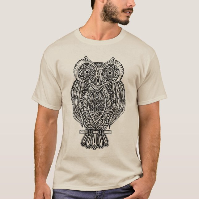 Inspirierte Hand gezeichnete verzierte Eule T-Shirt (Vorderseite)
