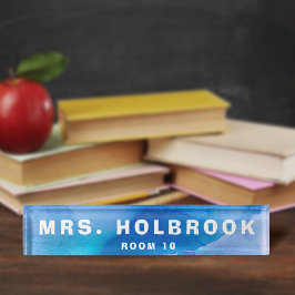 Inspirierter Blue Watercolor-Lehrer am Schreibtisc Namensplakette