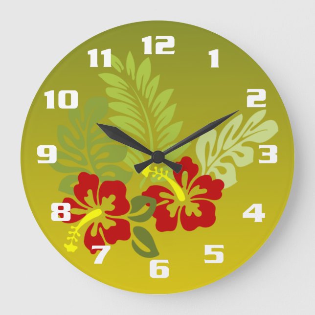inspirierter Design-Hibiskus für tropische Retreat Große Wanduhr (Vorderseite)