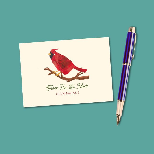 Inspirierter Roter Kardinal Mitte des Jahrhunderts Dankeskarte (This bright red cardinal is my own original art. Your personalization appears in retro typography.)