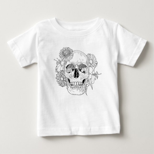 Inspirierter Schädel und Blumen Baby T-shirt (Vorderseite)