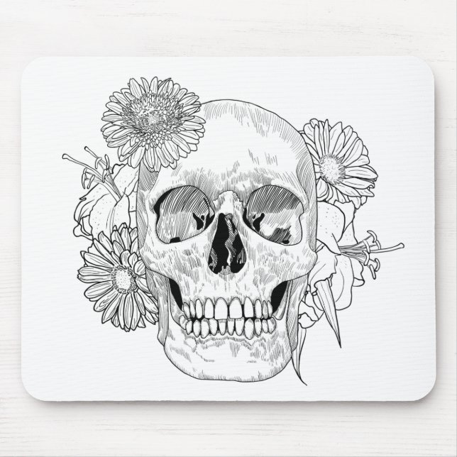 Inspirierter Schädel und Blumen Mousepad (Vorne)