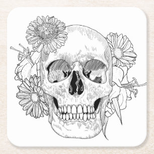 Inspirierter Totenkopf und Blumen Rechteckiger Pappuntersetzer