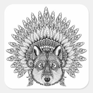 Inspirierter Wolf in gefiederter Kriegsbonnet Quadratischer Aufkleber
