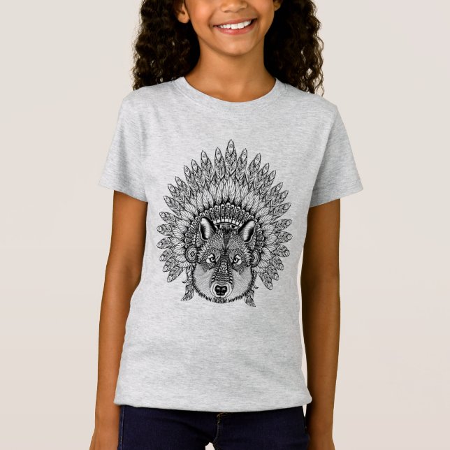 Inspirierter Wolf in mit Federn versehener T-Shirt (Vorderseite)