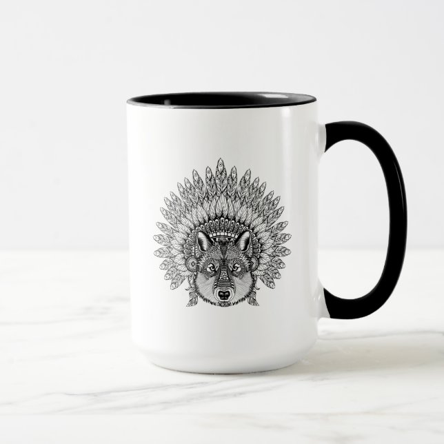 Inspirierter Wolf in mit Federn versehener Tasse (Rechts)
