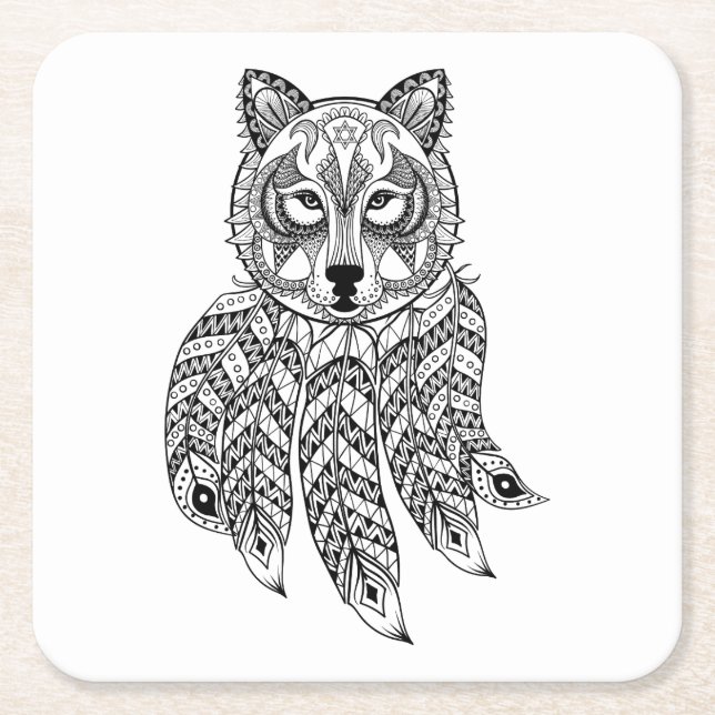 Inspirierter Wolf mit Dreamcatcher Rechteckiger Pappuntersetzer (Vorderseite)