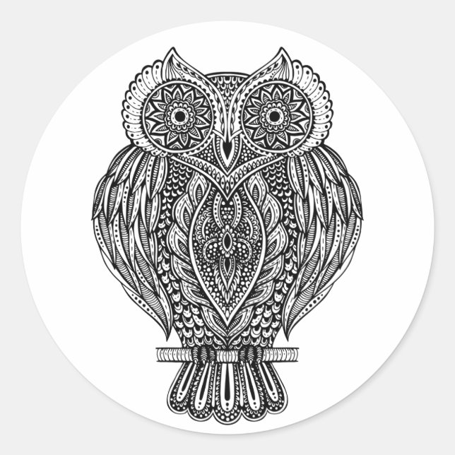 Inspiriertes Handgezogenes Verziertes Owl Runder Aufkleber (Vorderseite)