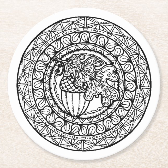 Inspiriertes Mandala-Herbst-Eichen-Blatt Runder Pappuntersetzer (Vorderseite)