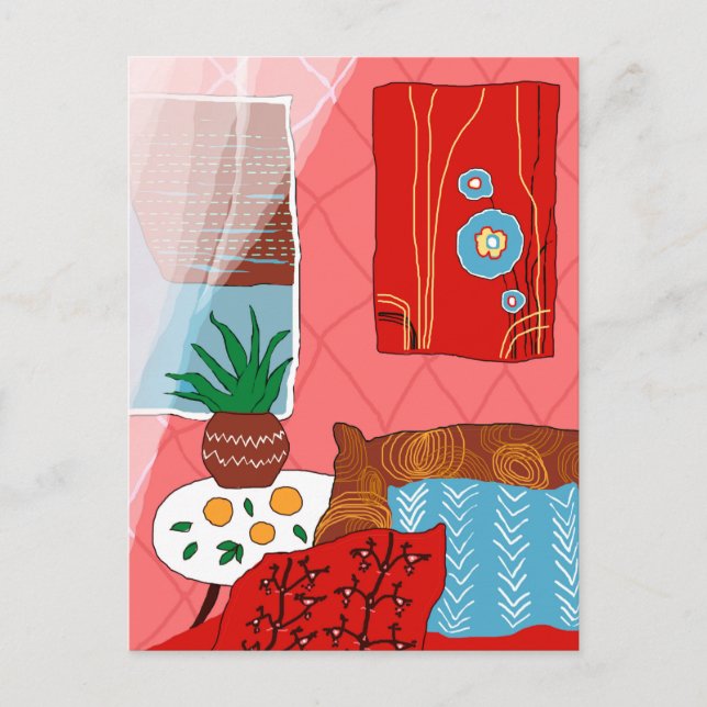 Inspiriertes Rotes Zimmer mit Kissen Aloe Orange Postkarte (Vorderseite)