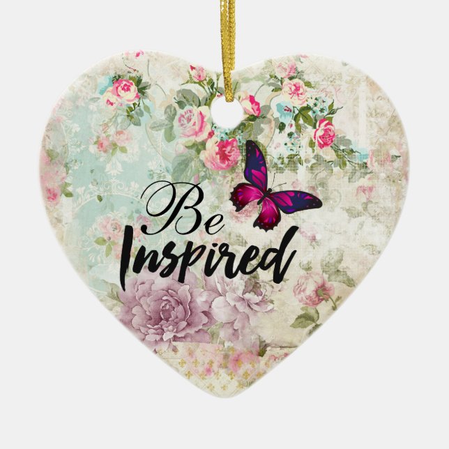 Inspiriertes Zitat & Rosa Schmetterling Shabby Col Keramikornament (Vorne)