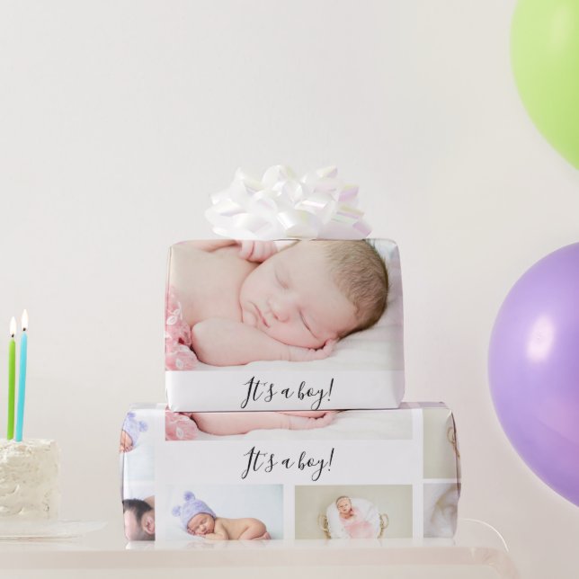 Instagram Baby Foto Collage Geburt auf Weiß Geschenkpapier (Partygeschenke)