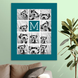 Instagram Collage mit individuellem Monogramm Blau Poster