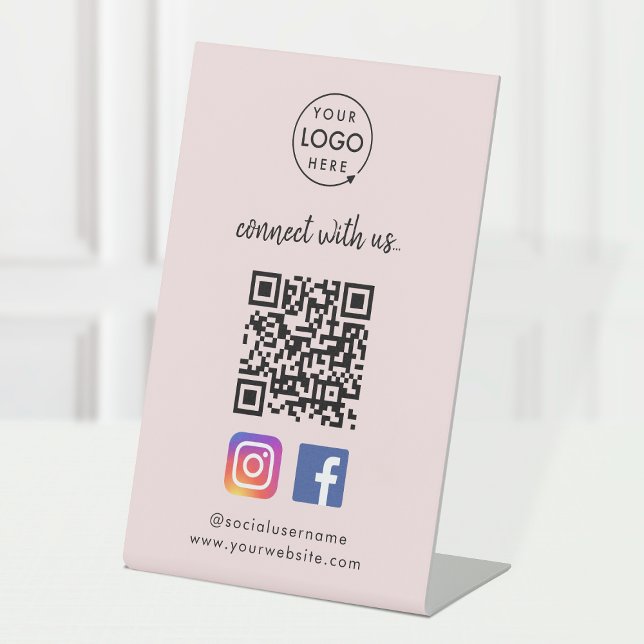 Instagram Facebook QR-Code | Pink Social Media Sockelschild (Connect with us QR code tabletop signs to promote your social media - Instagram, Facebook & more!)