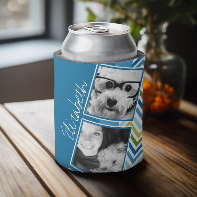 Instagram Foto Collage farbenfrohe Chevrons Dosenkühler (Personalized can cooler with an area to add photos and custom text)