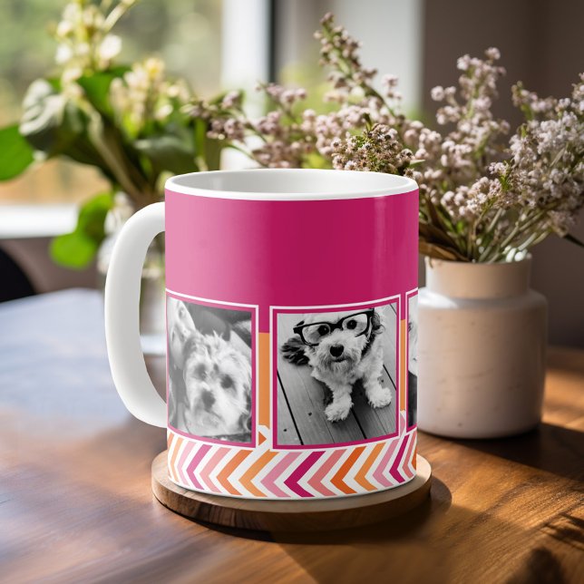 Instagram Foto Collage Hot Pink Orange Chevrons Tasse (Mug template with 4 photos and Text)