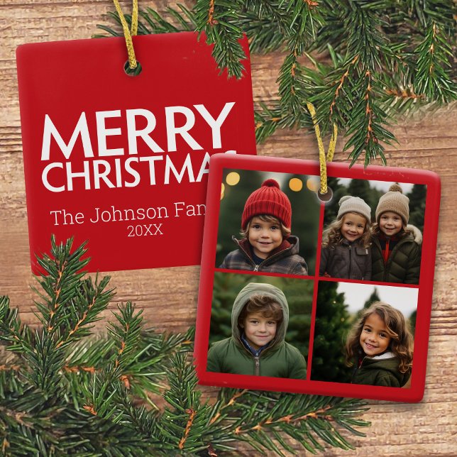 Instagram Foto Collage mit frohen Weihnachten Keramikornament (4 Photo ornament with a Christmas greeting on the back)