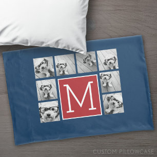 Instagram-Foto-Collage-Monogramme - Rot Navy Kissenbezug