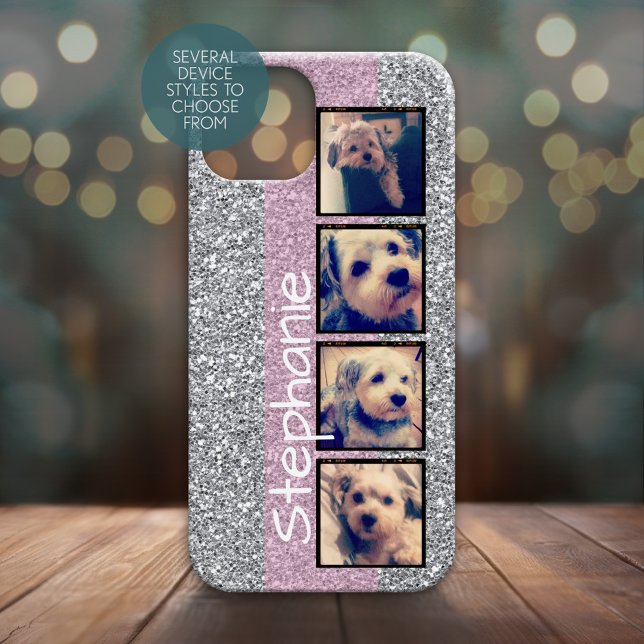 Instagram Foto Display Rosa 4 Fotos Fake Glitzer Case-Mate iPhone Hülle (Personalized Phone Case with 4 Photos and Custom Text - Choose Your Device Style)