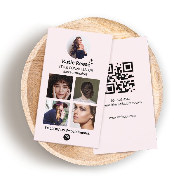 Instagram Foto Grid, Blush Pink Social Media Visitenkarte (pink 3 photo grid instagram social media networking business card with QR code)