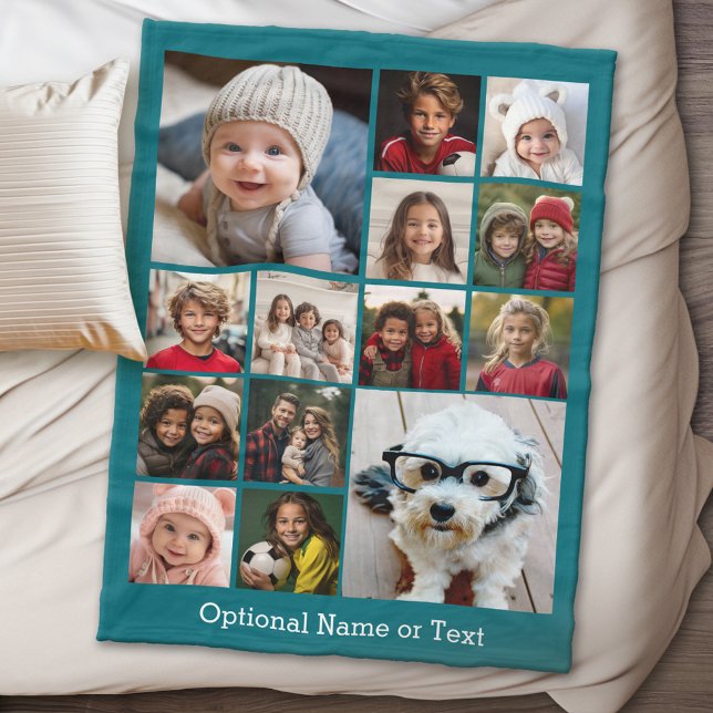 Instagram-FotoCollage - Bis zu 14 Fotos blau Fleecedecke (14 Photo personalized photo blanket)