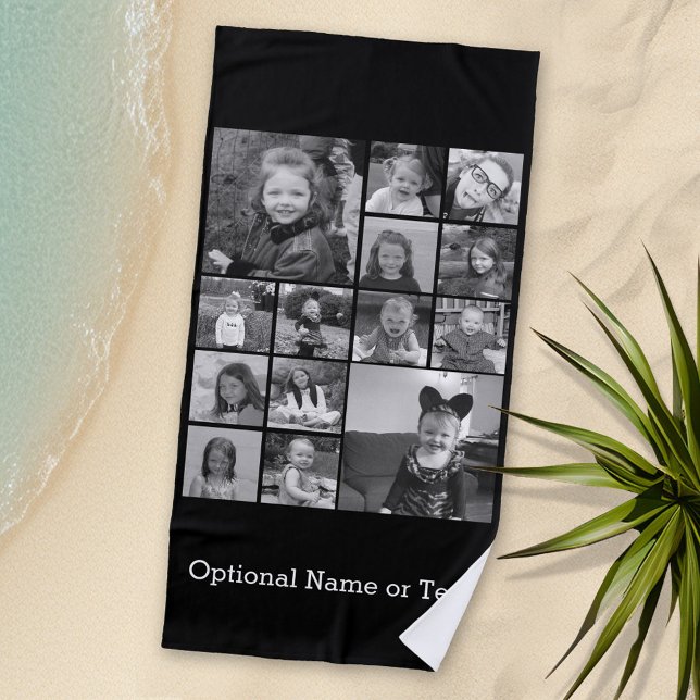 Instagram-FotoCollage - Bis zu 14 Fotos Schwarz Strandtuch (Personalized Beach Towel - Photo Collage with area for monogram or text)