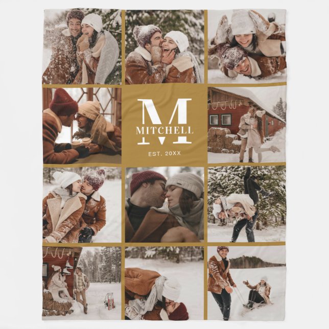 Instagram-FotoCollage | Boho Mustard Monogram Fleecedecke (Vorderseite)