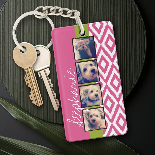Instagram FotoCollage mit Ikat heißen rosa Namen Schlüsselanhänger (Personalized Keychain - add a monogram or name)