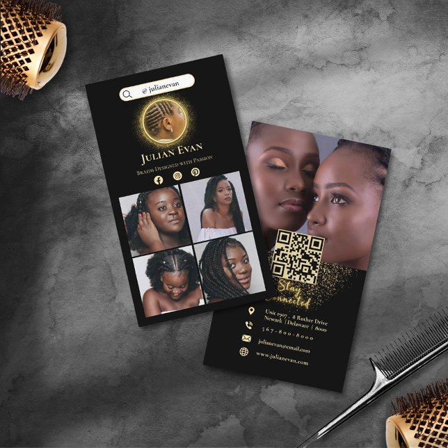 Instagram Glitzer Gold African Hair Braiding Visitenkarte (Instagram Glitter Gold African Hair Braiding Business Card)
