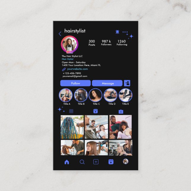 Instagram Hair Stylist Blue QR Code Social Media Visitenkarte (Vorderseite)