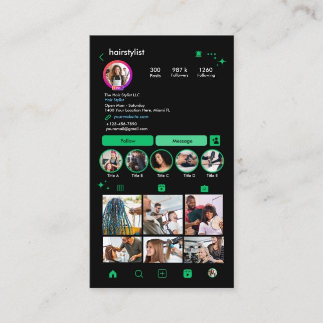 Instagram Hair Stylist Green QR Code Social Media Visitenkarte (Vorderseite)