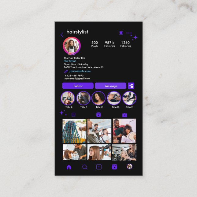 Instagram Hair Stylist Violet QR Code Social Media Visitenkarte (Vorderseite)