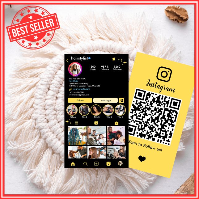 Instagram Hair Stylist Yellow QR Code Social Media Visitenkarte (Von Creator hochgeladen)