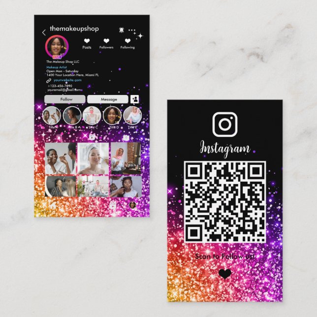 Instagram Lila Glitzer QR Code Social Media Visitenkarte (Vorne/Hinten)