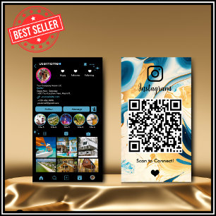 Instagram LUXURY Blue & Gold Black Marble Agate QR Visitenkarte