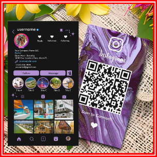 Instagram LUXURY Lila & Schwarze Marmor-Achat-QR Visitenkarte