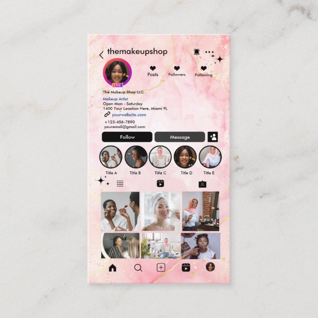 Instagram Marble Pink QR Code Social Media Visitenkarte (Vorderseite)