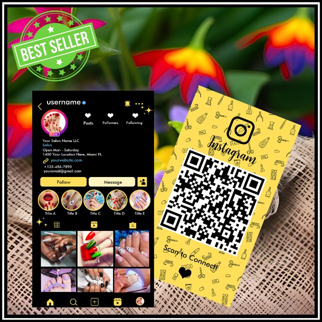 Instagram Nail Salon Gelb | Social Media QR Visitenkarte (Von Creator hochgeladen)