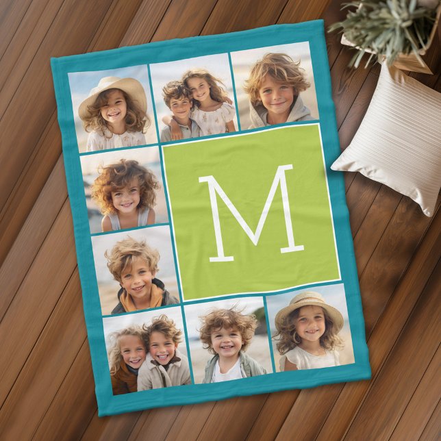 Instagramm-Fotolollenmonogramm - Blau und Limon Fleecedecke (Personalized fleece blanket with 8 photos and a monogram)
