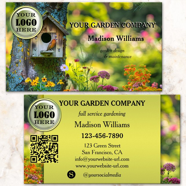 Instandhaltung des Gartendesigns Visitenkarte (Business card featuring a blossoming garden with a cute bird - gardener - garden design maintenance)